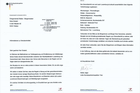 Brief der Bundespolizeiinspektion Trier an die deutschen Grenzgemeinden