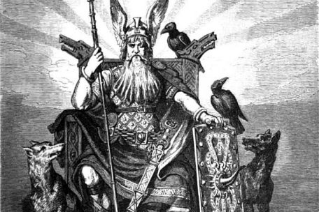 Odin mit den beiden W&ouml;lfen Geri und Freki in einer Darstellung von Carl Emil Doepler (1882)
