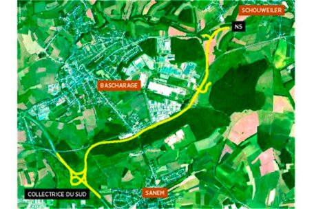 Der Verlauf der 4,2 km langen Umgehungsstra&szlig;e von Bascharage