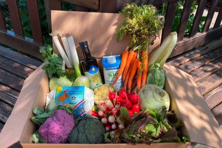 So sieht eine „FrëschKëscht“ in der Variante klassisch aus: Etwas mehr als 8 Kilogramm frische Produkte aus Luxemburg sind darin enthalten. In jeder Kiste (klassisch, mini oder vegan) ist immer ein Überraschungsprodukt enthalten. 