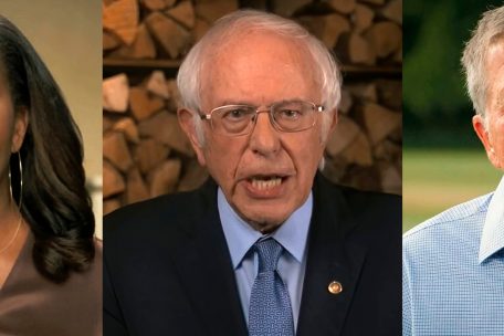 Michelle Obama (l-r), ehemalige First Lady der USA, Bernie Sanders, demokratischer Senator des Bundesstaates Vermont, und John Kasich, ehemaliger Republikaner, w&auml;hrend des Parteitages der US-Demokraten.