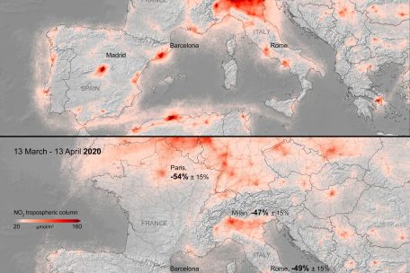 W&auml;hrend des Lockdowns sind die NO2-Werte in Europa gesunken, wie auf Satellitenbildern zu sehen ist