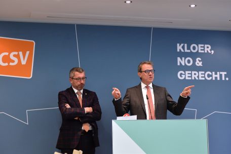 CSV-Generalsekret&auml;r Felix Eischen (r.) und Parteipr&auml;sident Frank Engel auf einer Pressekonferenz Ende 2019