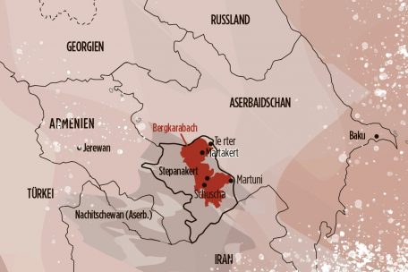 Das eingezeichnete Gebiet ist das der Republik Bergkarabach – mit dem Friedensvertrag muss Armenien Gebiete räumen&nbsp;