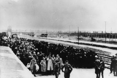 Ankunft eines Judentransportes in Auschwitz-Birkenau. SS-Lager&auml;rzte nahmen die&nbsp; Selektion vor. Durch blo&szlig;en Anblick entschieden sie &uuml;ber Leben und Tod.