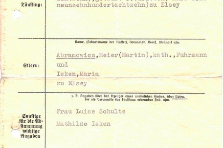 Auszug aus dem Taufregister der zweiten Tochter von Martin A. Seine Religionszugeh&ouml;rigkeit: katholisch, nicht j&uuml;disch.