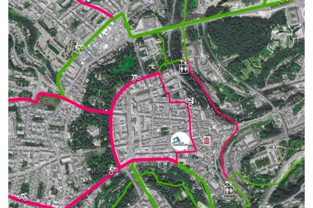 In Gr&uuml;n sind bereits abgeschlossene Arbeiten eingezeichnet, in Rot laut &bdquo;d&eacute;i gr&eacute;ng&ldquo; noch notwendige Ausbauarbeiten des&nbsp;Radwegnetzes