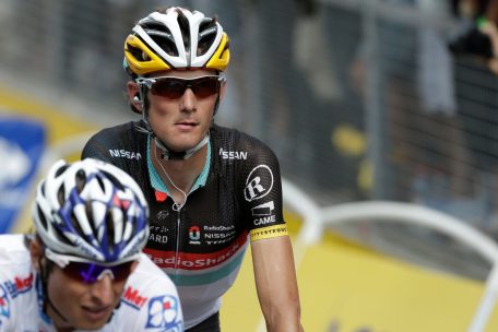 Frank Schleck bei der Zielankunft in Cap d&rsquo;Agde am 14. Juli 2012. Unmittelbar danach gab er eine Dopingprobe ab, die Spuren von Xipamid enthielt. Laut Verdy war es damals eine gezielte Kontrolle.