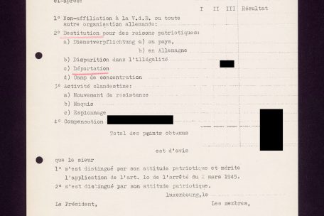 Eines der Bewertungsformulare aus dem Nationalarchiv. Die eingetragenen Punkte wurden verdeckt. Formular zur Bestimmung des Auszeichnungsgrades f&uuml;r eine unbekannte Person, ca. 1946.