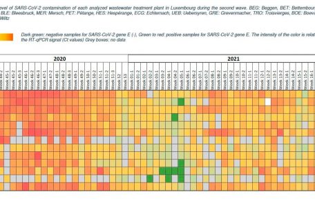 Grad der SARS-CoV-2-Kontamination jeder analysierten Kl&auml;ranlage in Luxemburg