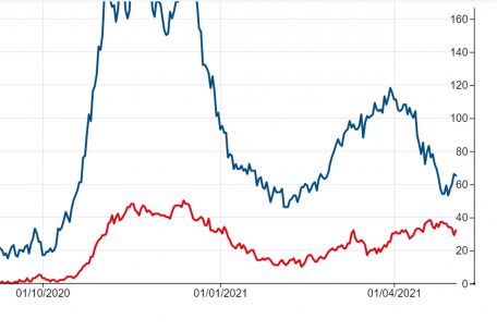 Ausschnitt aus der offiziellen Statistik: Die Anzahl der belegten Intensivbetten (rot) und der normalen Betten (blau) durch Corona-Patienten in Luxemburger Krankenh&auml;usern. Zumindest eine Linie wandert seit einem Monat wieder klar nach unten.&nbsp;