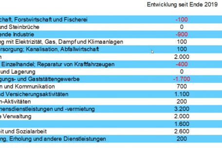 Entwicklung der Zahl der Arbeitsplätze pro Sektor. Bsp.: In der Baubranche wurden zwischen Anfang 2020 und Ende März 2021 rund 2.000 neue Jobs geschaffen. Insgesamt zählt der Sektor 50.400 Arbeitsplätze.