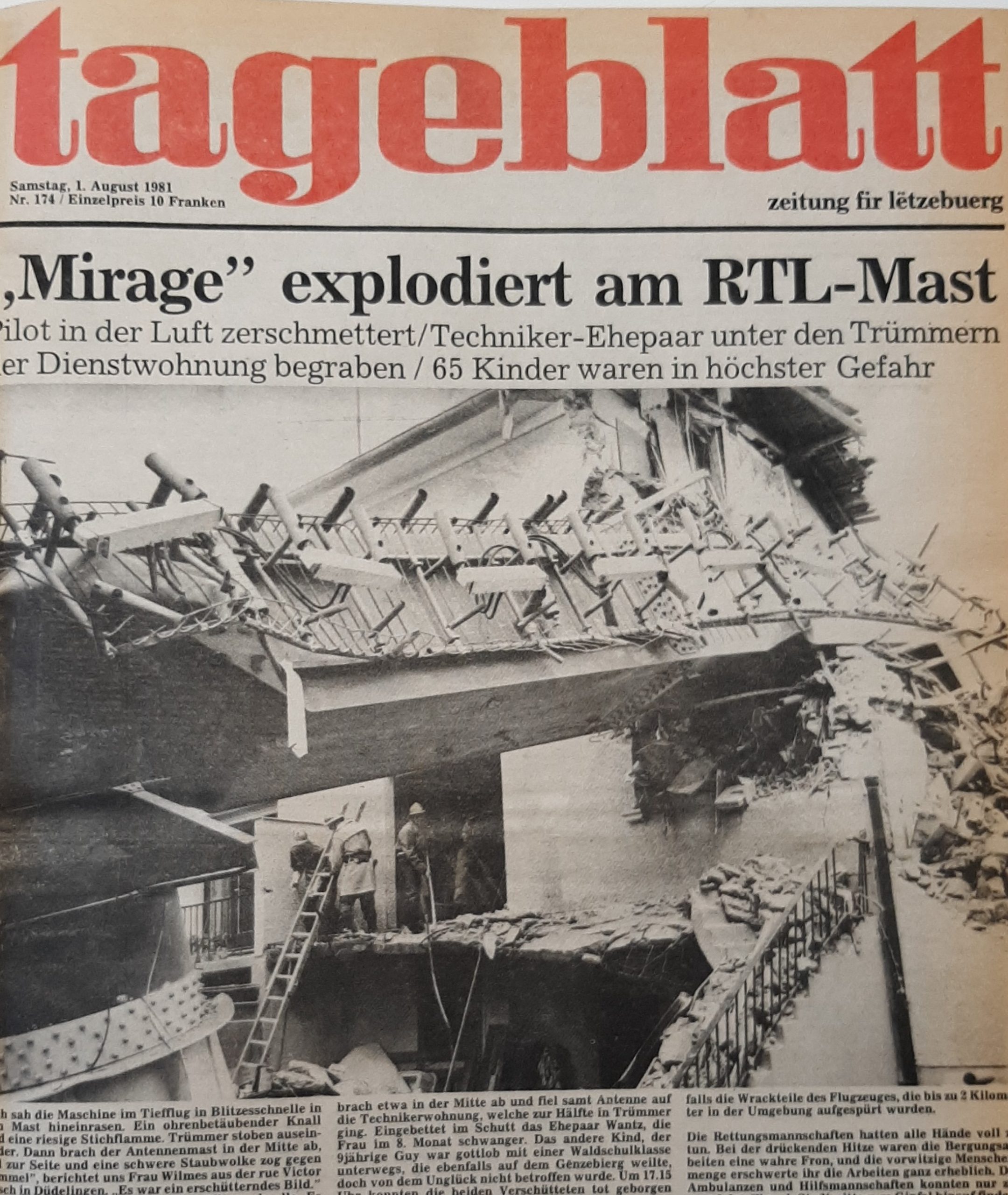 Die erste Seite vom Tageblatt am 1. August 1981