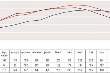 Die angef&uuml;hrte Grafik veranschaulicht die Anzahl der freiwilligen Praktika der Initiative &bdquo;Jeunes d&eacute;crocheurs et jeunes inactifs&ldquo; des SNJ, die zwischen 2017 und&nbsp;2020 &uuml;ber Monate hinweg registriert wurden. Ab M&auml;rz 2020 hat die Anzahl an Einschreibungen unter den Konsequenzen der Corona-Pandemie abgenommen.&nbsp;Pr&auml;gend ist vor allem der Unterschied zwischen den beiden Jahresh&auml;lften, wobei in den ersten sechs Monaten des Jahres wesentlich mehr Einschreibungen zu verbuchen sind als in der zweiten Jahresh&auml;lfte.&nbsp;