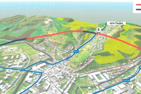 So könnte die Ettelbrücker Umgehungsstraße aussehen: Ab der Autobahnausfahrt bei der einstigen Zigarettenfabrik (Punkt C) geht es mit einer Brücke über die Handelszone Richtung Hang („Knäppchen“), dort führt ein Tunnel sowie eine Brücke bis zur Anhöhe Richtung Feulen, wo die Verbindung mit der Bastnacherstraße geplant wird (B), dann geht es weiter unter Tage bis nach Warken, wo es zur Anbindung mit der avenue Salentiny kommen soll (A). Gesamtlänge: 2,8 Kilometer, davon 65% durch Tunnels und 30% über Brücken.