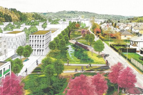 So könnte die Hauptachse Ettelbrück-Diekirch später einmal aussehen. Hier soll ein verkehrsberuhigter Wohn- und Lebensraum entstehen, nachdem die Verbindungsstraße sowie die Eisenbahnlinie Ettelbrück-Diekirch seitlich an den Hang des „Goldknapp“ verlegt wurden