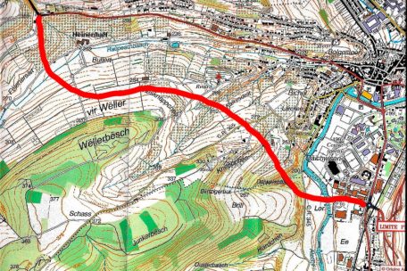 Die Ende der 1990er Jahre geplante und von der CSV ignorierte Ettelbrücker Umgehungsstraße in und aus Richtung Bastogne (rot eingezeichnet)