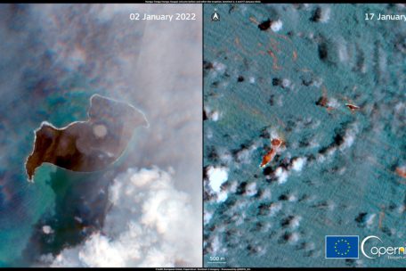 Fast nichts mehr da: Die Satellitenaufnahmen zeigen den Vulkan Hunga-Tonga-Hunga-Ha'apai am 2. Januar und zwei Tage nach dem Ausbruch am 17. Januar&nbsp;