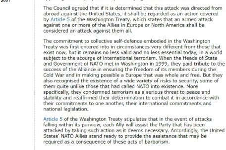 Pressemitteilung des Nordatlantikrats zum B&uuml;ndnisfall am 12. September 2001
