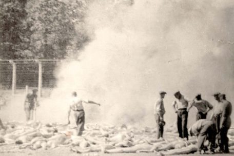 Da die &Ouml;fen Mitte 1944 oft &uuml;berlastet waren, mussten die M&auml;nner des Sonderkommandos die Leichen auch hinter einem der Krematorien im Freien verbrennen. Dieses Foto wurde heimlich von einem griechischen SK-Mann aufgenommen.