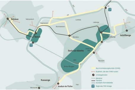 Die Bus-Hochleistungskorridore (gelb) in und um Esch