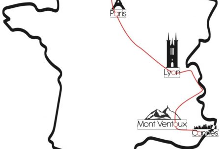Der Streckenverlauf: Start ist in Cannes. Nach einem Abstecher zum Mont Ventoux geht es via Alpen nach Lyon, Paris, Calais und zur&uuml;ck nach Luxemburg.