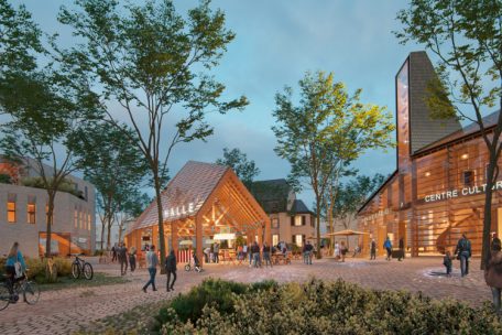 Blick aus dem Innenhof: das neue Rathaus (links), der zum Teil überdachte Dorfplatz (Mitte) und das neue Kulturzentrum (rechts)