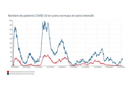 Die Belegung der Krankenhäuser mit Covid-19-Patienten in Luxemburg (laut Covid19.lu)