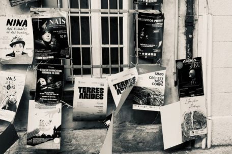 Une forêt d’affiches, dont celle de „Terres arides“, dans le centre-ville d’Avignon