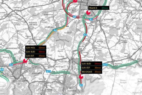 Sich dem Zentrum des Gro&szlig;herzogtums zu n&auml;hern, kann per Auto derzeit ein bisschen l&auml;nger dauern, wie etwa die Karte von CITA.LU gegen 9.30 Uhr zeigt.