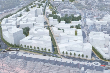 Im Modell: Die Tramlinie führt mitten durch das Viertel „Nei Hollerich“. Unten im Bild das bereits bestehende Parkhaus der CFL.