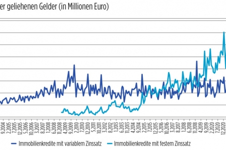 Geldvolumen, das sich die Haushalte bei den Banken leihen (in Millionen Euro, aufgeteilt nach Art der Kreditzinsen)