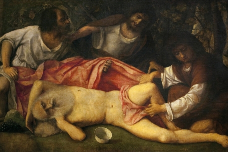 Giovanni Bellini, „La Dérision de Noé“, vers 1513-1515, huile sur toile, 103 x 157 cm, Musée des Beaux-Arts et d’Archéologie, Besançon