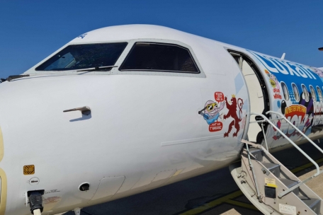 Mindestens eine Scheibe des auffällig lackierten Flugzeugs ist von Rissen übersat.