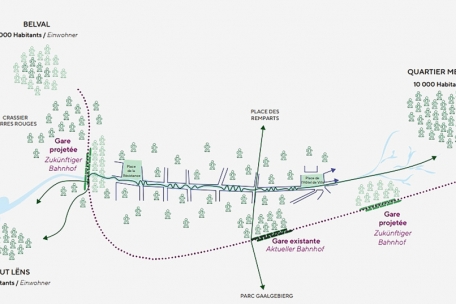 So soll das CFL-Schienennetz rund um Esch einmal aussehen: Zwei neue Bahnh&ouml;fe (Metzeschmelz und Viadukt) sollen dabei den bestehenden ersetzen