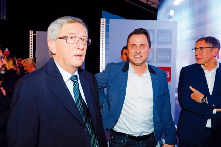 20. Oktober 2013: Jean-Claude Juncker, Xavier Bettel und François Bausch bei RTL auf Kirchberg