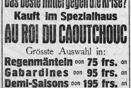 Werbung für das Kleidergeschäft „Au roi du caoutchouc” in der Alzettestraße, wo Berthe Hartoch von 1933 bis 1937 arbeitete